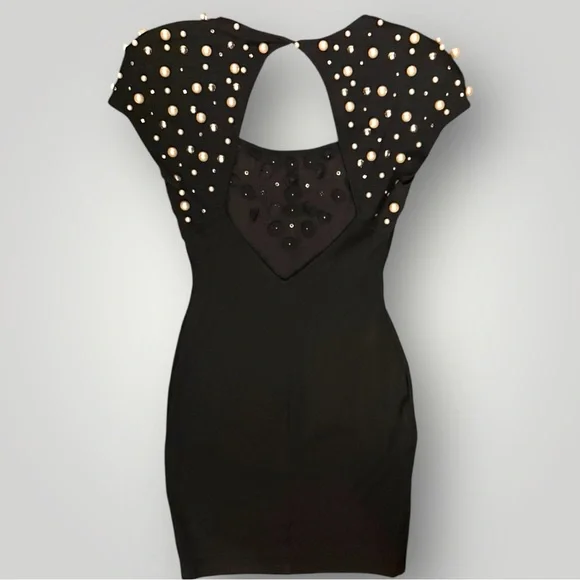 Vintage 1980s Eletra Casadei Pearl & Rhinestone Mini Black Dress -  Size Medium - Picture 4 of 10